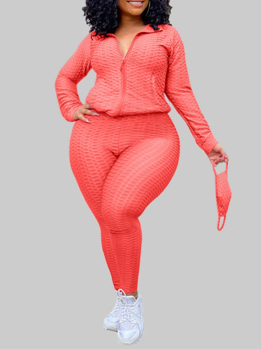 

Lovely Casual Turndown Collar Zipper Design Jacinth Plus Size Two-piece Pants Set