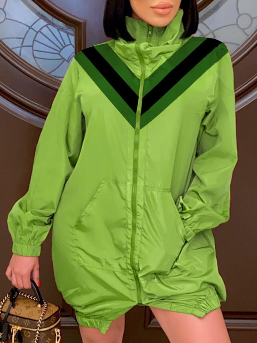 

Lovely Casual Turtleneck Zipper Design Patchwork Green Coat