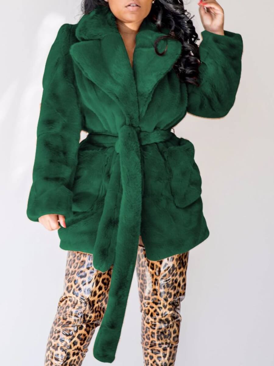 

Lovely Stylish Turndown Collar Pocket Patched Blackish Green Faux Fur, Black green