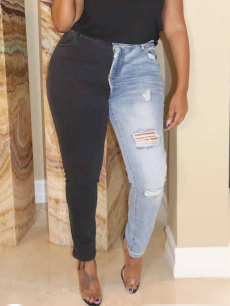 

Lovely Street Patchwork Broken Holes Black Plus Size Jeans