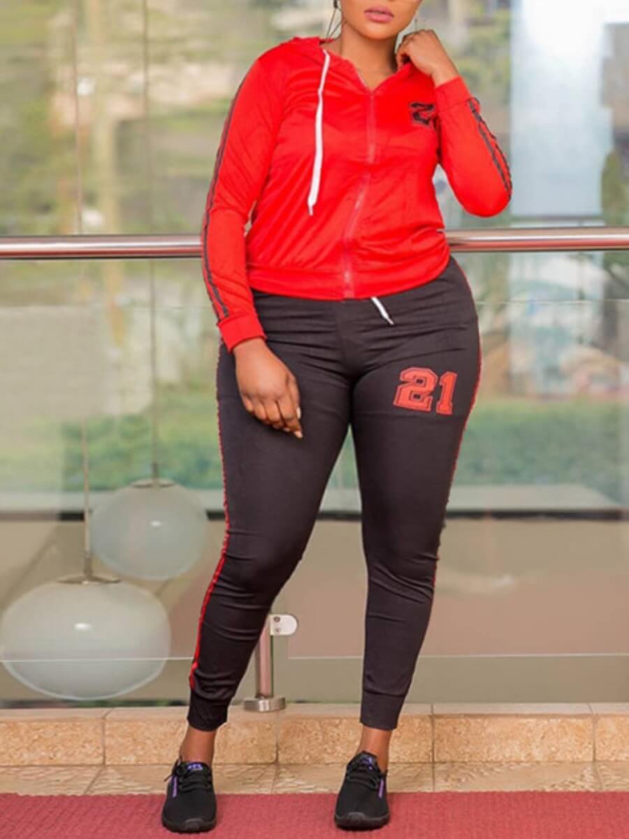 

Lovely Sportswear Hooded Collar Print Red Plus Size Two-piece Pants Set