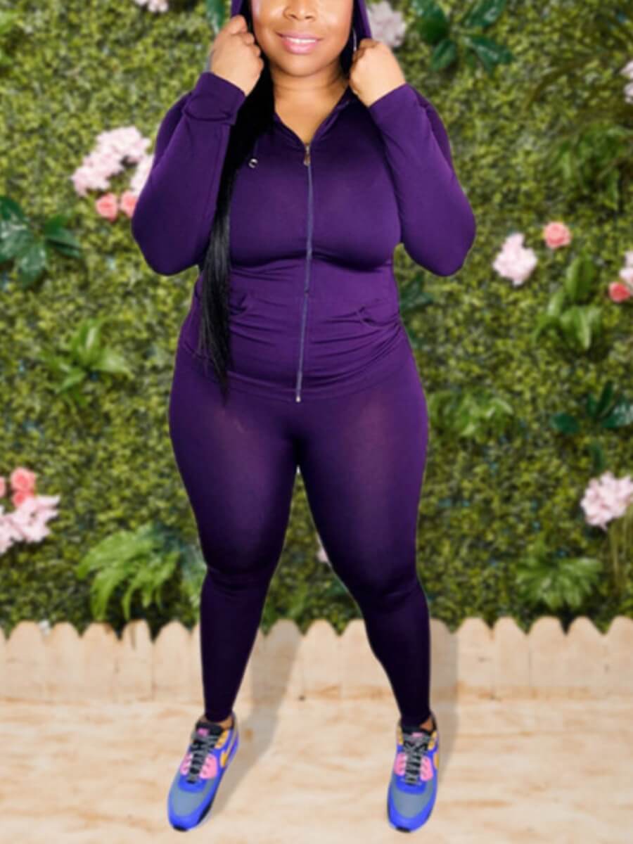 

Lovely Casual Hooded Collar Zipper Design Purple Plus Size Two-piece Pants Set