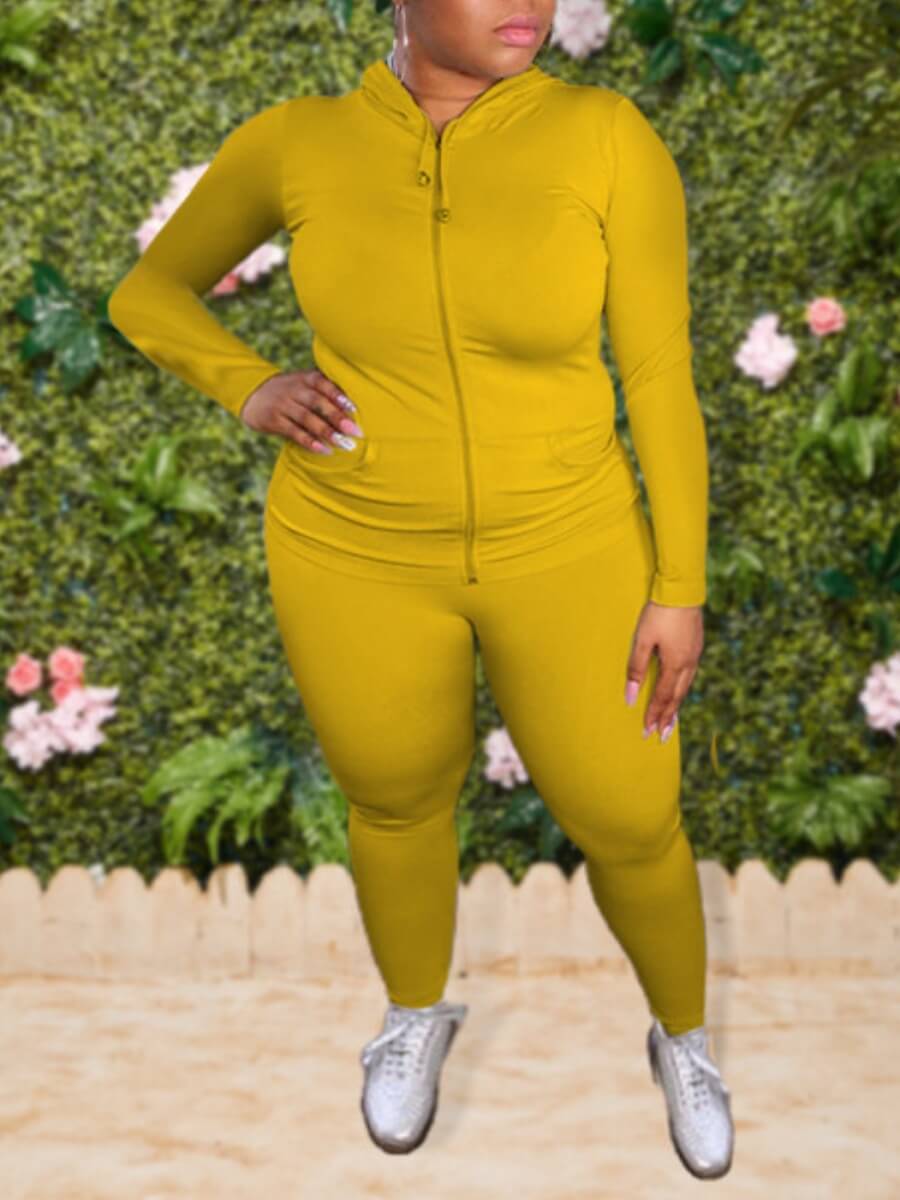 

Lovely Casual Hooded Collar Zipper Design Yellow Plus Size Two-piece Pants Set