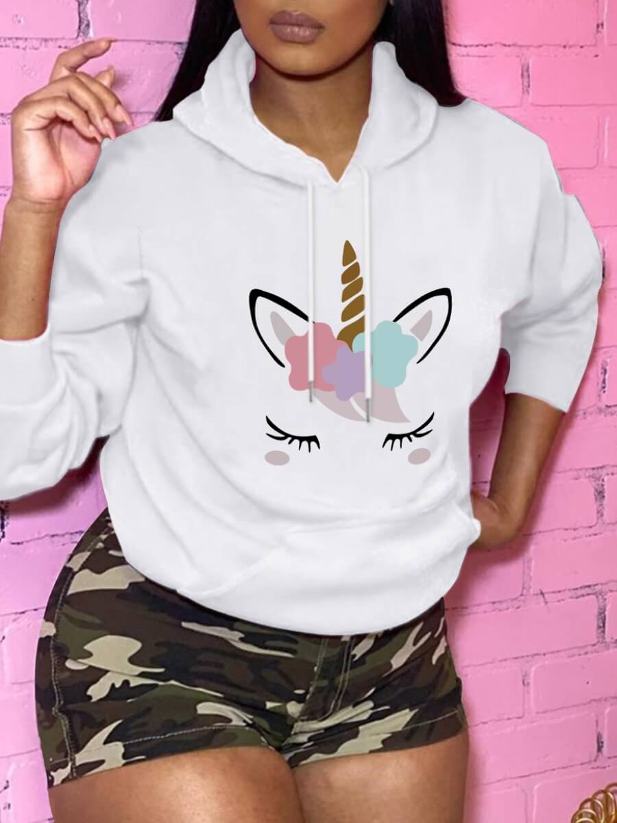 

Lovely Casual Hooded Collar Print White Hoodie
