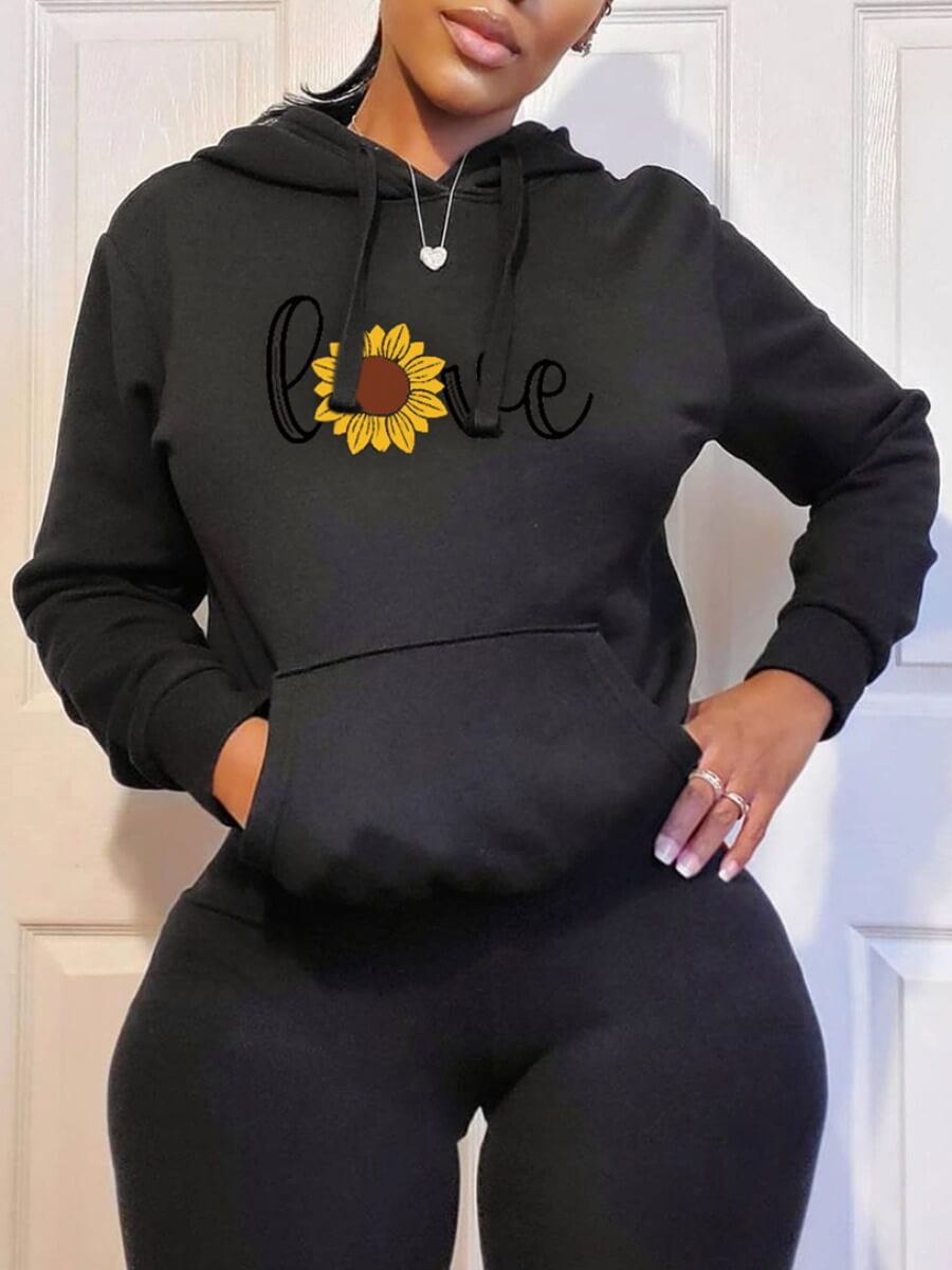 

Lovely Casual Hooded Collar Print Black Hoodie