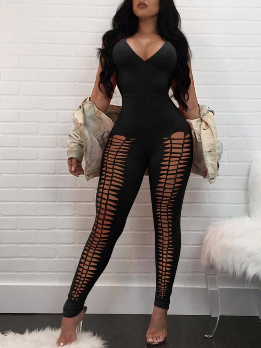 

Lovely Sexy V Neck Hollow-out Black One-piece Jumpsuit