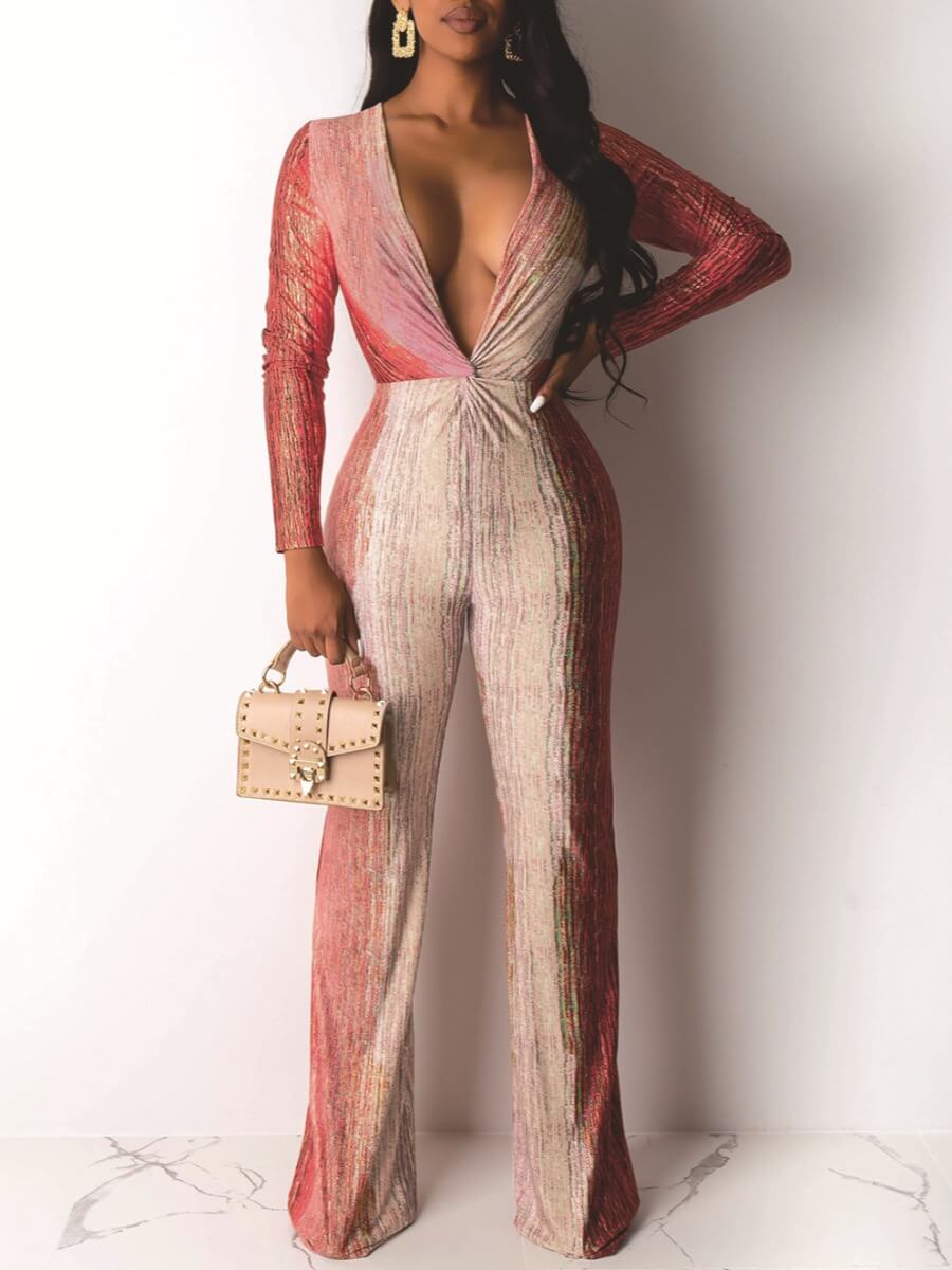 

Lovely Sexy Deep V Neck Patchwork Red One-piece Jumpsuit