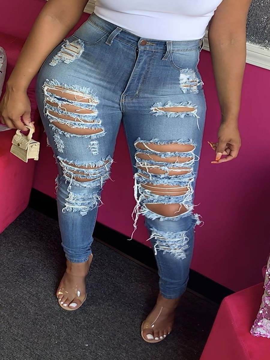 

LW Mid Waist Ripped Jeans, Baby blue