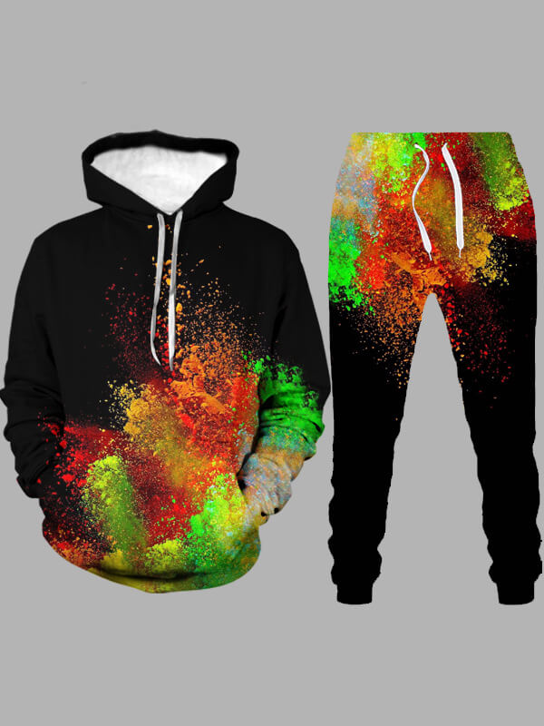 

Lovely Chic Hooded Collar Print Black Men Two-piece Pants Set