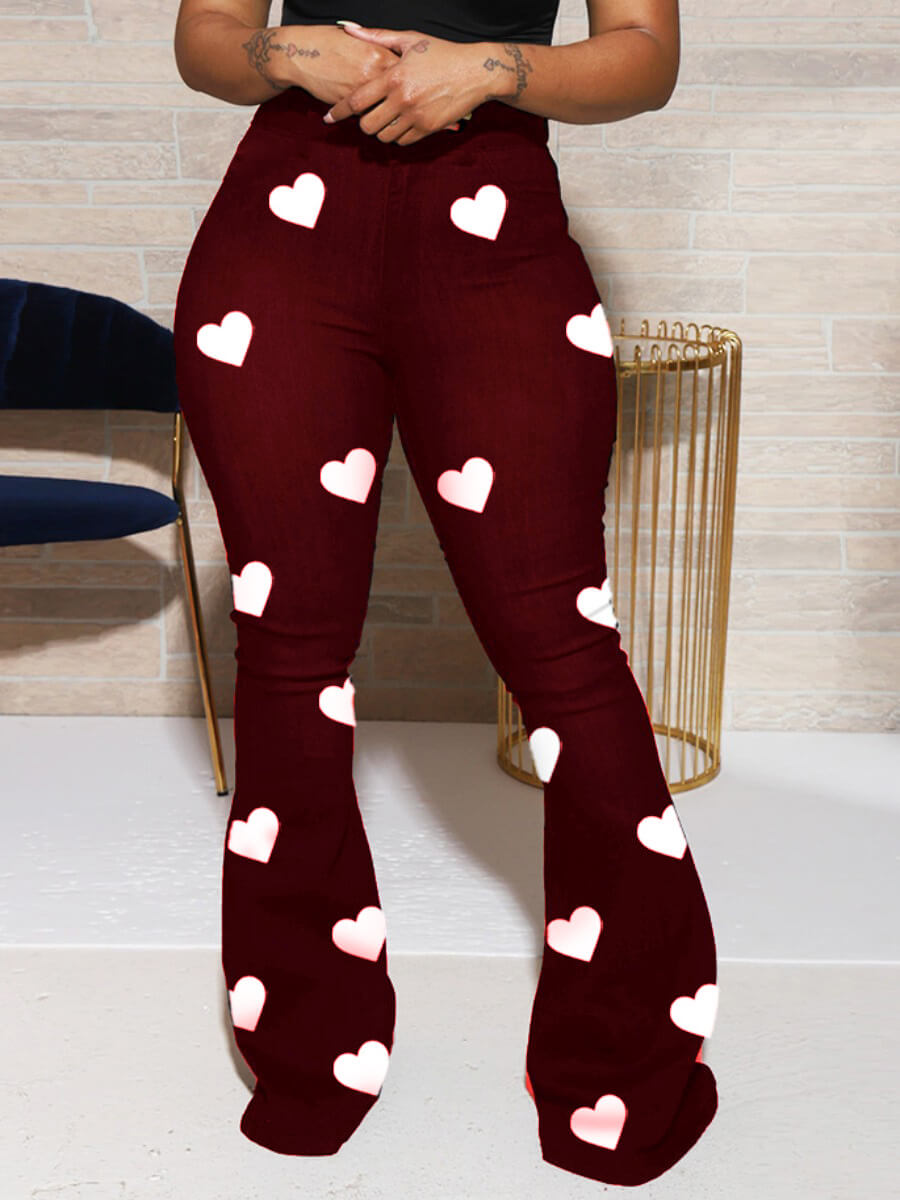 

LW Trendy Heart Print Wine Red Pants