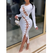 Lovely Sexy O Neck Bandage Design White Mid Calf D