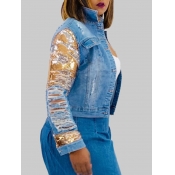 Lovely Casual Turndown Collar Patchwork Blue Plus 