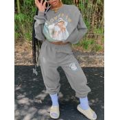 Lovely Casual O Neck Print Grey Two Piece Pants Se