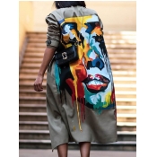 LW Street Turndown Collar Print Khaki Long Trench 