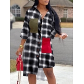 Lovely Trendy Turndown Collar Grid Print Asymmetri