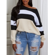 Lovely Casual O Neck Striped Patchwork Black Sweat