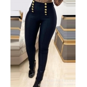 Lovely Trendy Buttons Design Skinny Black Pants