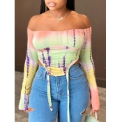 Lovely Sexy Dew Shoulder Tie-dye Pink T-shirt