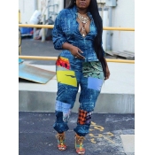 Lovely Stylish Print Loose Blue Plus Size One-piec