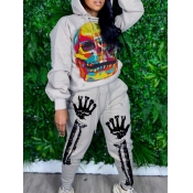 Lovely Street Hooded Collar Print Grey Two Piece P