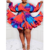 LW Plus Size Trendy V Neck Patchwork Red Mini Dres
