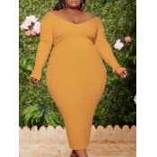 Lovely Casual V Neck Basic Yellow Ankle Length Plu