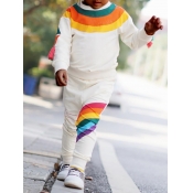 lovely Casual O Neck Rainbow Striped Cream-colored