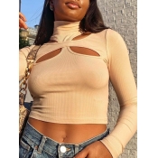 Lovely Street Turtleneck Hollow-out Apricot T-shir