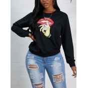 Lovely Casual O Neck Lip Print Black Hoodie