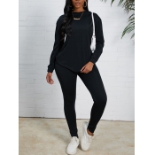 LW Casual O Neck Basic Black Two-piece Pants Set