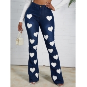 Lovely Stylish Heart Print Deep Blue Jeans