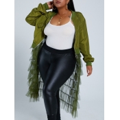 Lovely Casual Patchwork See-through Army Green Lon