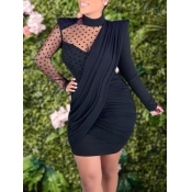 LW Stylish Turtleneck Dot Print Patchwork Black Mi