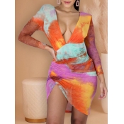 Lovely Stylish Deep V Neck Tie-dye Croci Mini Dres