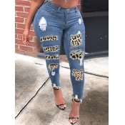 Lovely Street Leopard Print Patchwork Blue Jeans