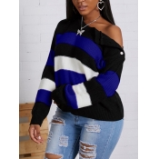 Lovely Casual Striped Patchwork Blue Sweater