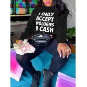 LW Plus Size Casual O Neck Letter Print Black Hood