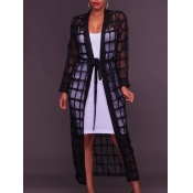 Lovely Casual Grid See-through Black Long Coat