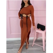 Lovely Sexy O Neck Lace-up Dark Brown Maxi Dress