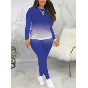 Lovely Casual O Neck Gradient Print Blue Two Piece