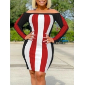 Lovely Stylish Dew Shoulder Striped Red Knee Lengt