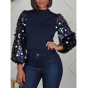Lovely Stylish Puffed Sleeves Patchwork Dark Blue 