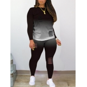 LW Street O Neck Broken Holes Black Two Piece Pant