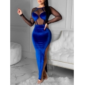 Lovely Sexy O Neck See-through Patchwork Blue Ankl