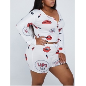 Lovely Street U Neck Lip Print White Plus Size Two