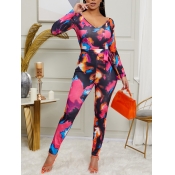 Lovely Trendy V Neck Tie-dye Skinny Multicolor One