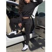LW Casual Hooded Collar Basic Black Two Piece Pant