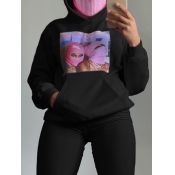 Lovely Leisure Hooded Collar Print Black Hoodie
