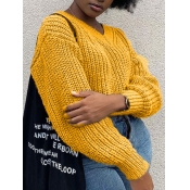 Lovely Sweet V Neck Basic Yellow Plus Size Sweater