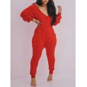 Lovely Leisure Deep V Neck Loose Red One-piece Jum